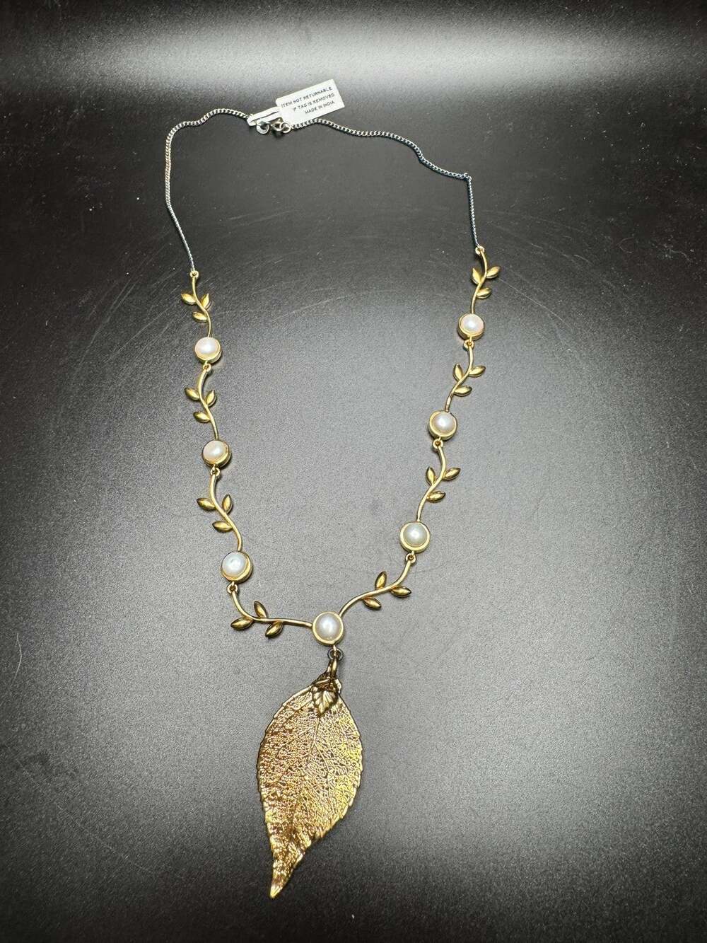 Gold Tone Leaf Pendant Necklace Pearl Accents Nature Jewelry 925 Sterling Chain
